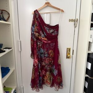 Marchesa Notte One Shoulder Maroon Burgundy Floral Midi dress